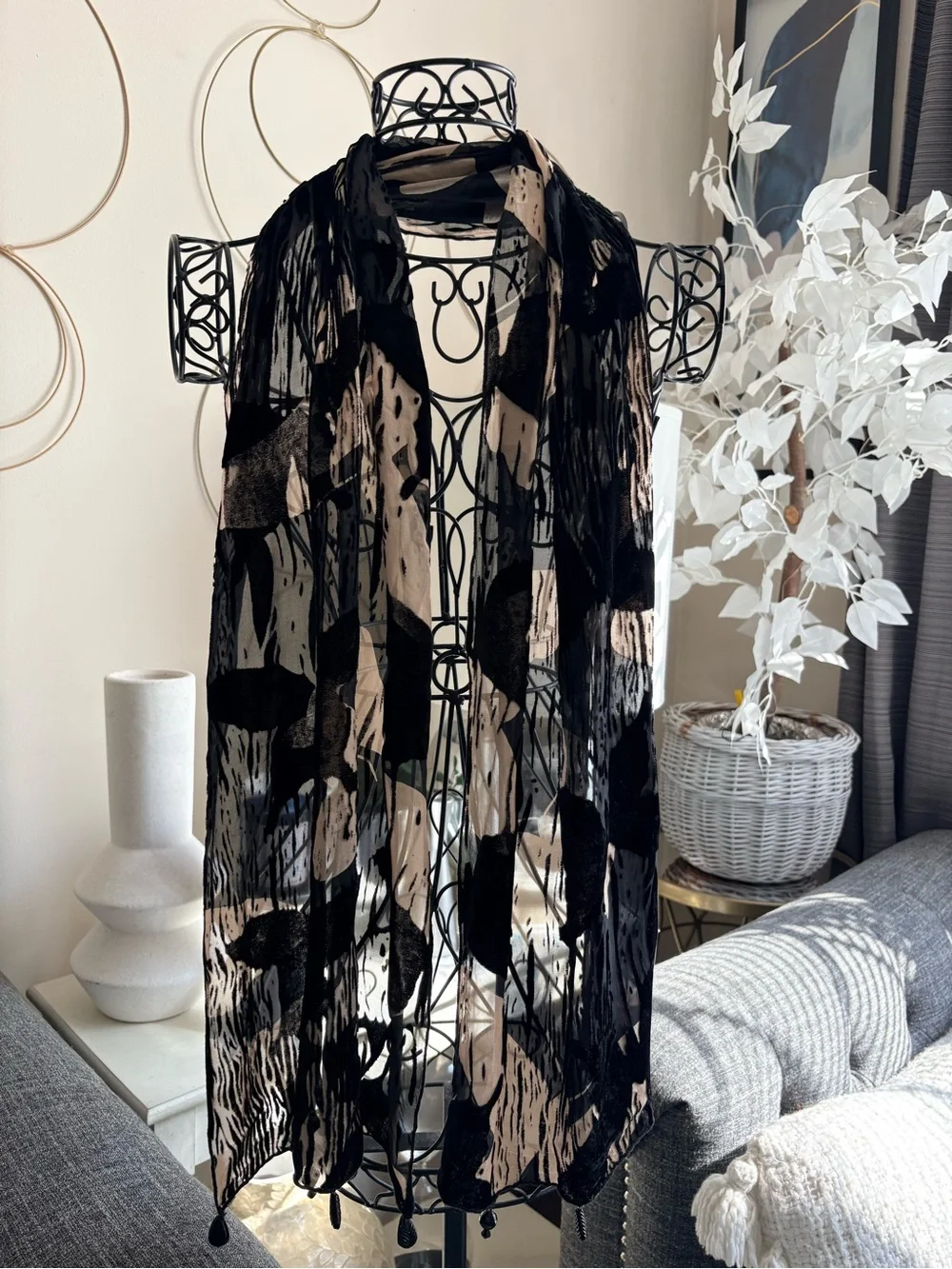 Black Beige Sheer Beaded Burnout Scarf 13 x 60